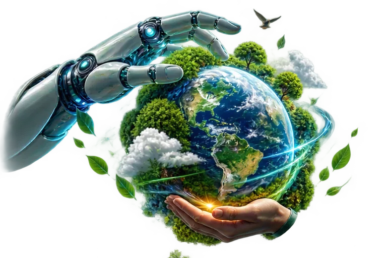 Illustration: a robotic hand and a human hand holding an Earth ringed with forest.