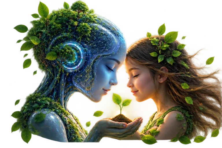 Illustration: a machine and a person holding a small seedling together.